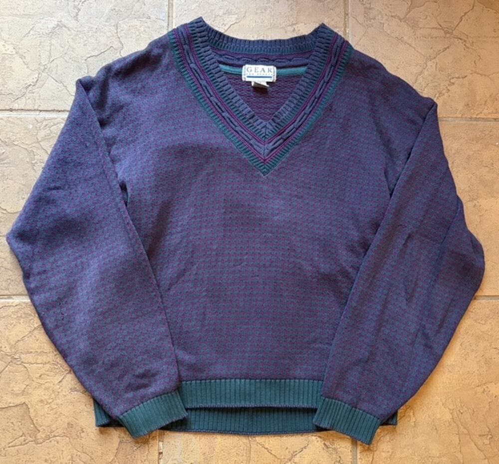 Vintage 90s Gear For Sports Houndstooth V-Neck Sweater Men’s M Purple Teal